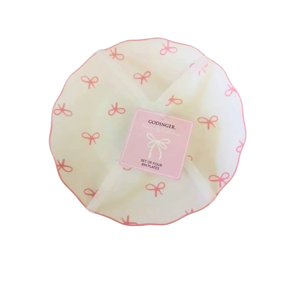Godinger Set of 4 Godinger Painterly Pink Ribbon Coquette 8” Plates Simply Bow